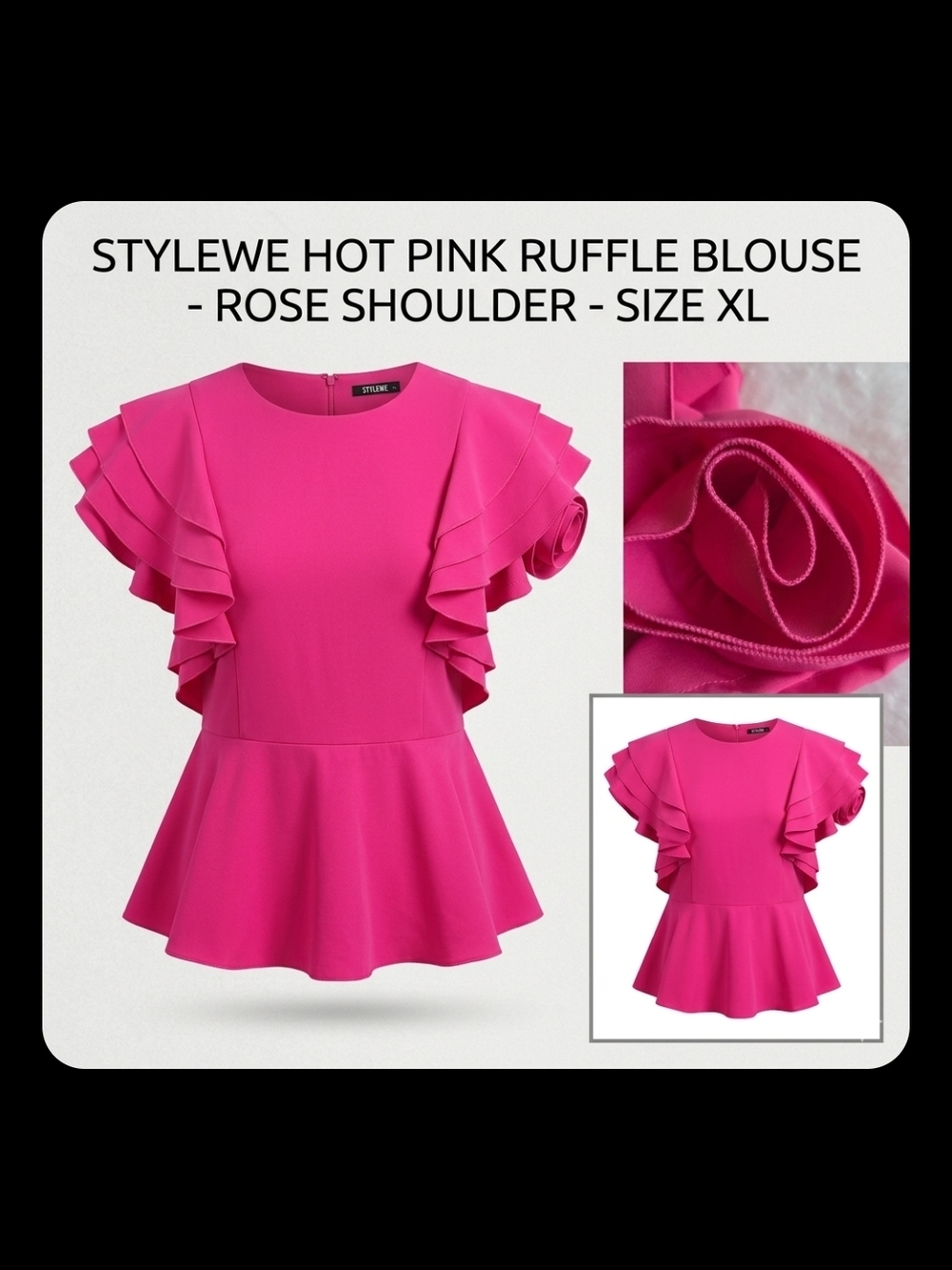 STYLEWE Hot Pink Ruffle Rose Shoulder Peplum Blouse - Size XL